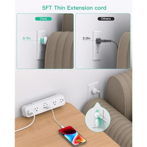 Desk clamp power strip surge protector with USB C fast charging station 5ft cord - Picture 6 of 8